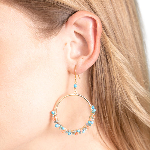 Blue and coral hoop earrings