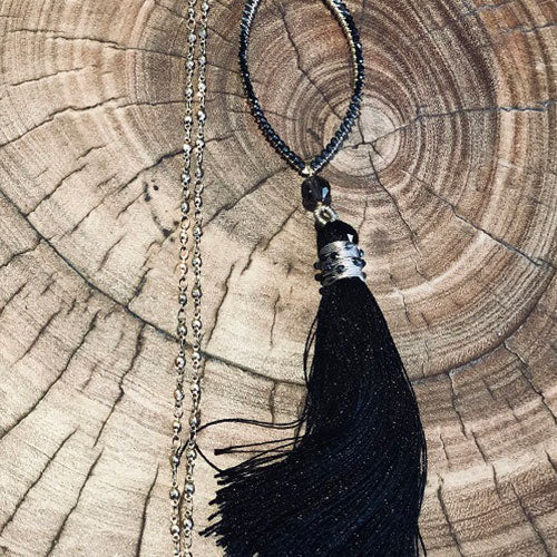 Large Spear Wrapped with Assorted Pyrite Necklace with a Gem Wrapped Silk Tassel
